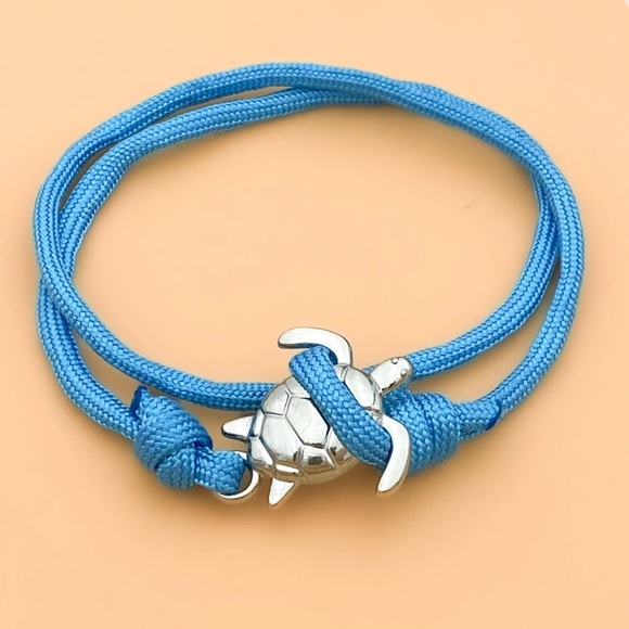 LAST 1 ‼️ NWT 🐢🏝 ECO-FRIENDLY SILVER SEA TURTLE SKY BLUE STRETCH ROPE BRACELET - Picture 2 of 6